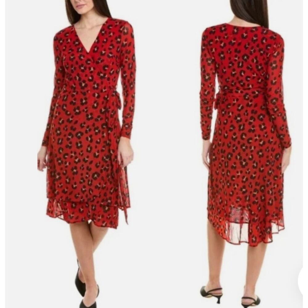 CAbi Siren Wrap Dress Women's Size Medium Red Black Leopard Print Stretch